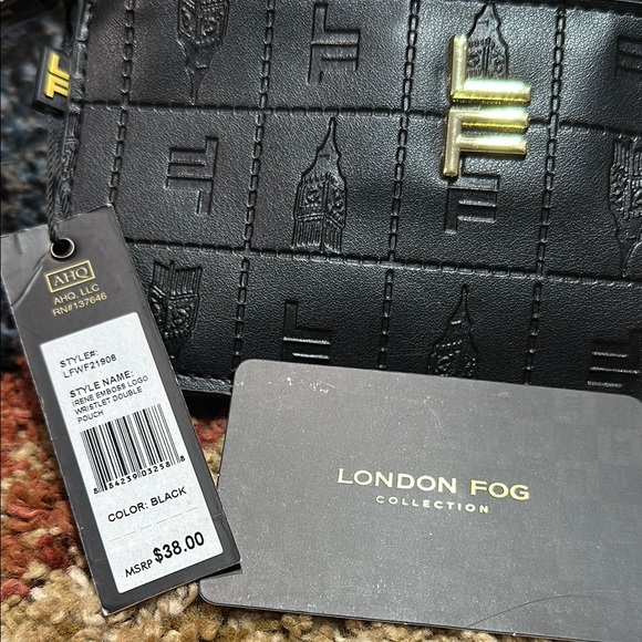 London Fog Collection Embossed Wristlet Clutch Double Pouch Black & Gold NWT - Picture 10 of 15